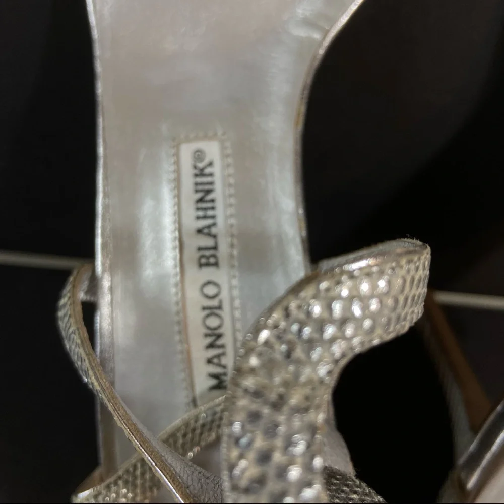 Manolo Blahnik silver sandals crystal buckles 38